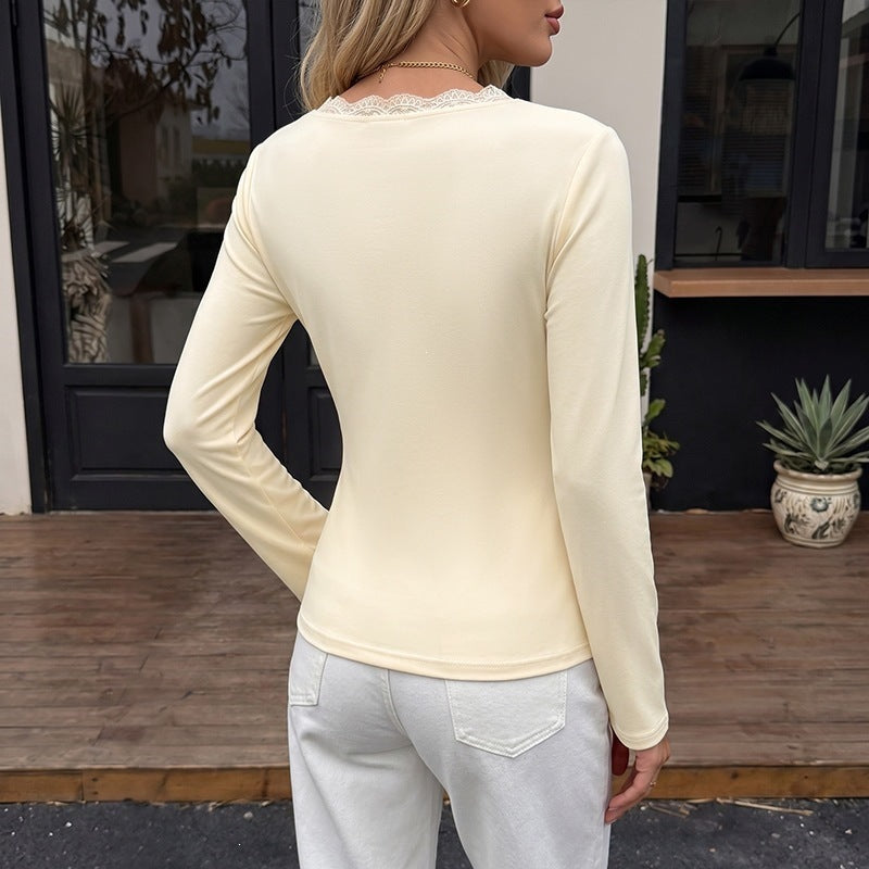 Women Clothing Autumn Winter Clinch Irregular Asymmetric Stitching Lace V neck Long Sleeve Top T shirt