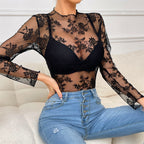 Women's Lace Top Sexy Hollow Out Cutout Shirt Women Clothing Sexy See Through Long Sleeves Inner Wear Bottoming Shirt