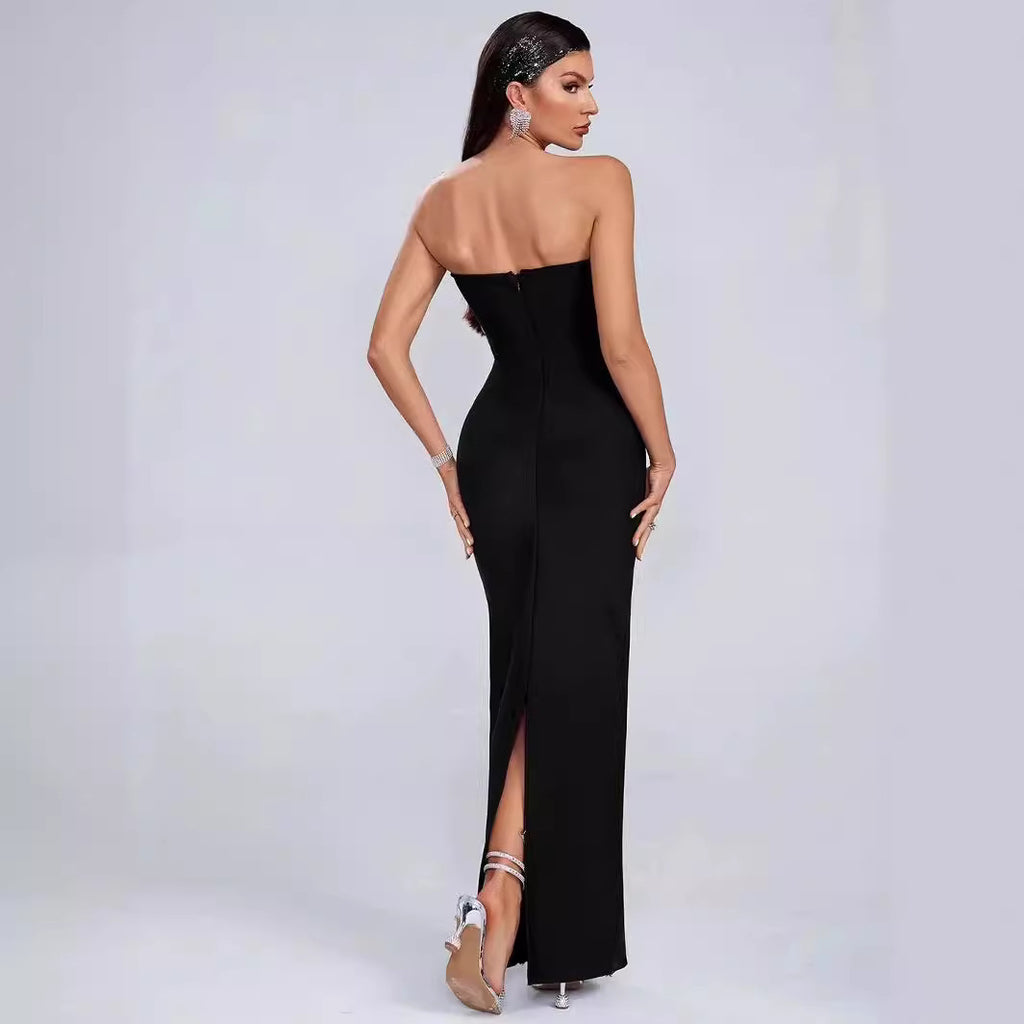 Women's Black Rhinestone Strapless Bandage Evening Dress