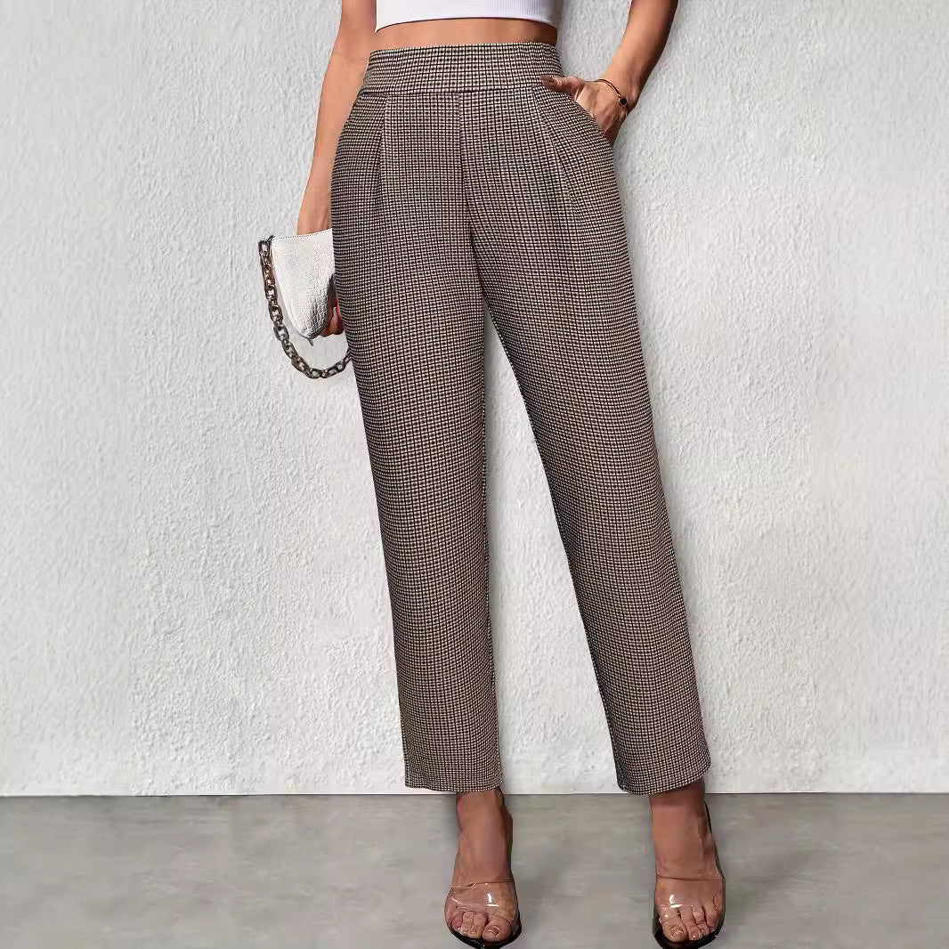 Women's brown textured check trousers with straight leg and ankle-length hem