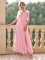 Women's Mesh Lace-Up High Slit A-Line Maxi Dress