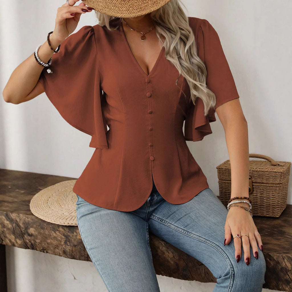 Women's Deep V Neck Solid Color Single Breasted Waist Short Sleeved