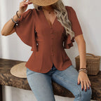 Women's Deep V Neck Solid Color Single Breasted Waist Short Sleeved