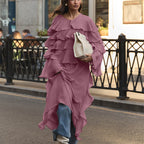 Hierarchical Design Elegant Tiered Ruffle Maxi Dress Loose Lace Up