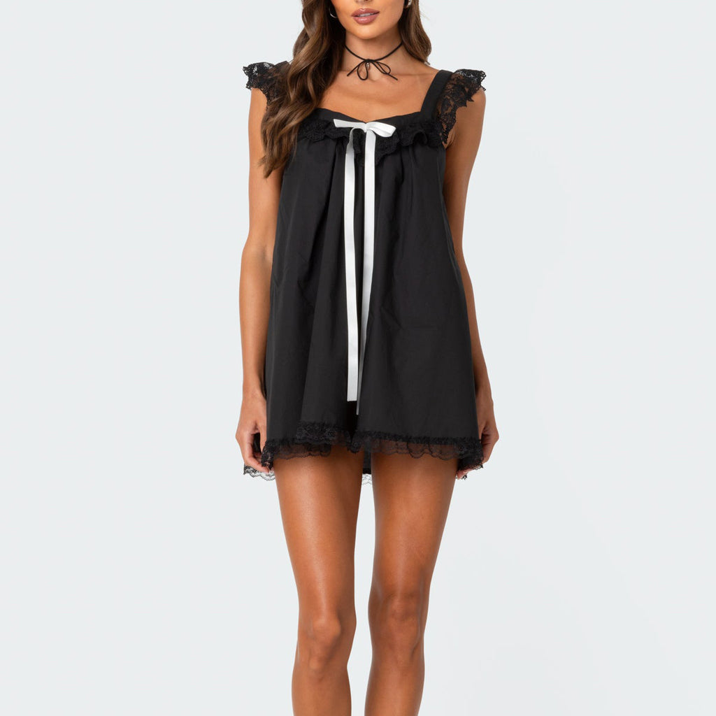 Summer Bow Backless Lace Trim Loose Babydoll Dress