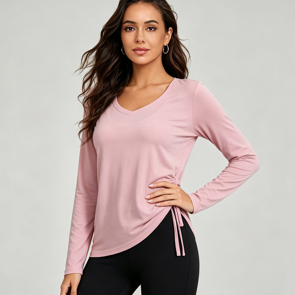 Long Sleeve Yoga Wear Blouse Drawstring Loose Breathable Casual Sports Top