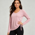 Long Sleeve Yoga Wear Blouse Drawstring Loose Breathable Casual Sports Top