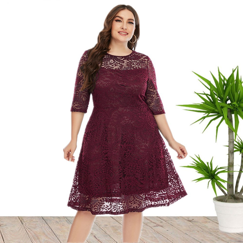 Women's Plus Size Spring Summer Clothes Crew Neck Lace Dress