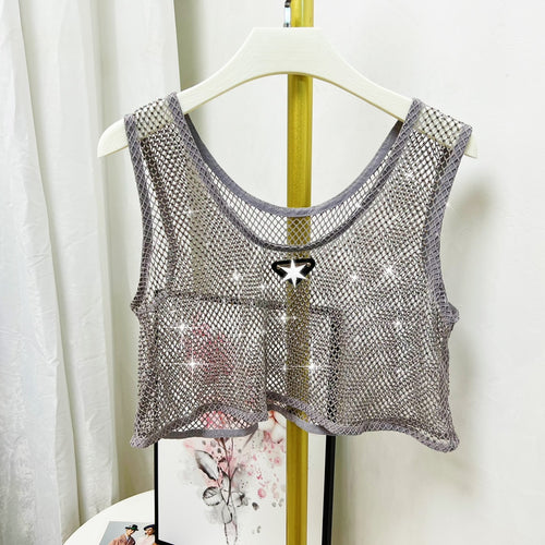 Spring Summer Heavy Embroidery Drilling Triangle Mark Hollow Out Cutout out Short Vest Sexy Light Luxury Internet Rhinestones Australian Diamond Top