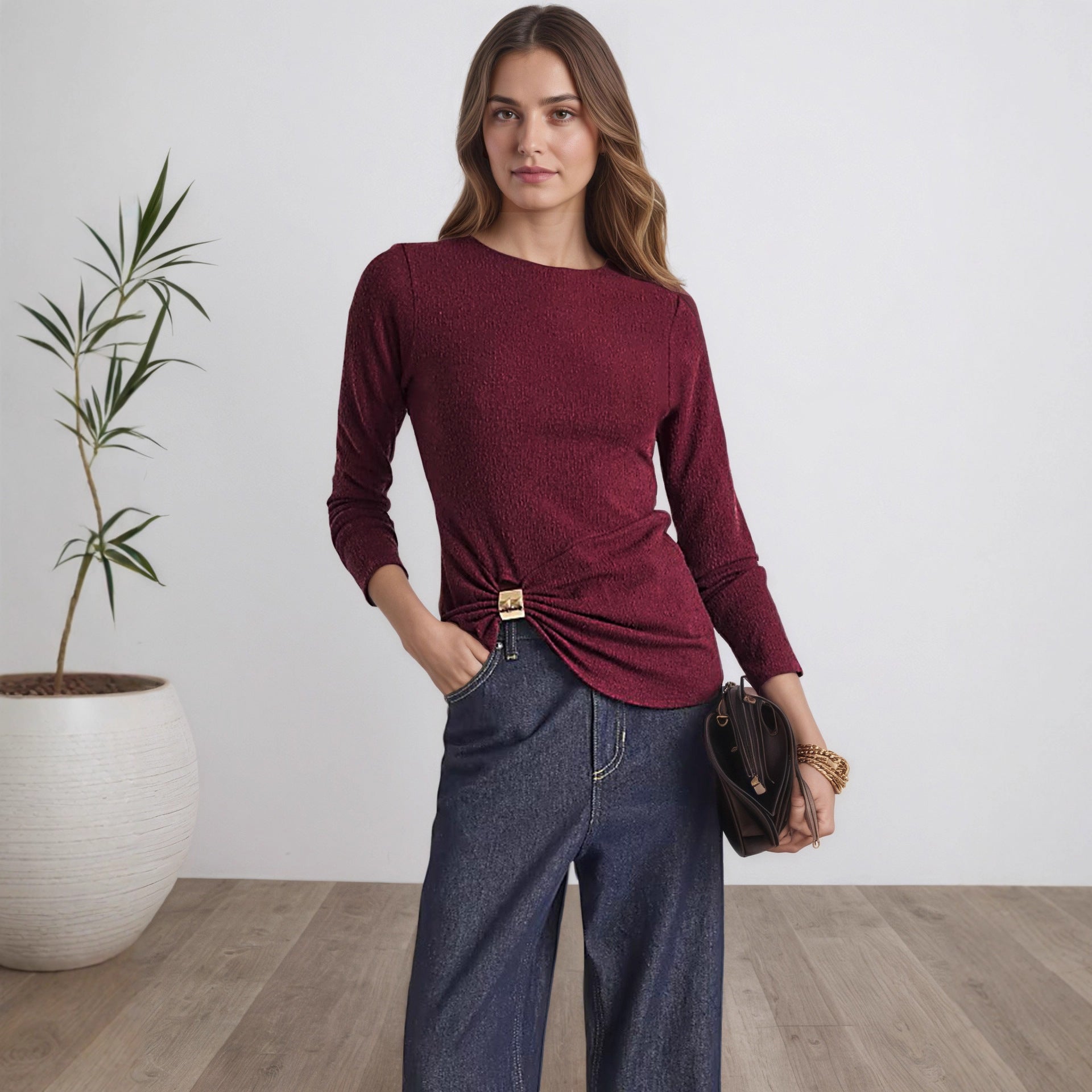 Women Bottoming Shirt Autumn Solid Color Metal Ring Buckle