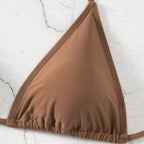 Brown triangle swim top with gathered hem and double-stitched seams