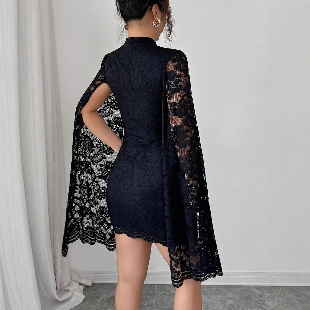 Lace Stand-Collar Long-Sleeve Dress