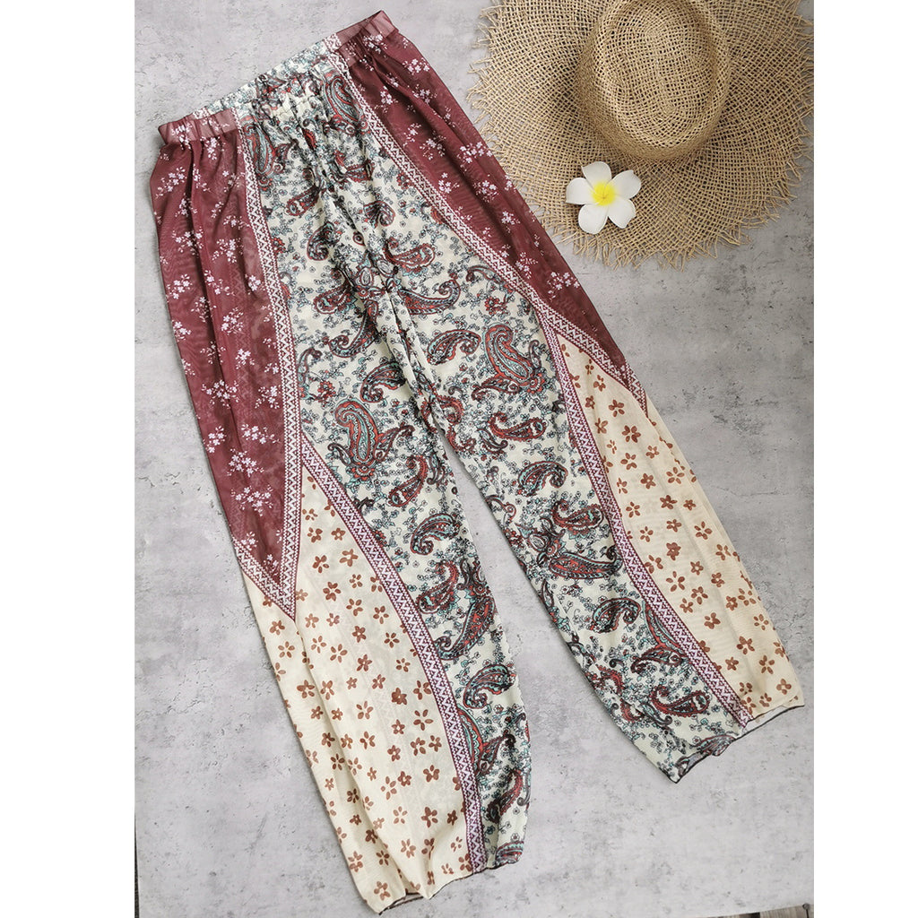 Printed swim pants with elastic waist, burgundy and cream paisley border design