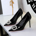 Women's Rhinestone V-Buckle Pointed Toe Stiletto Pumps