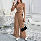 Clothing Autumn Winter Long-Sleeve Lace Up Set Solid Color Texture Basic All Matching Ladies Two-Piece Set