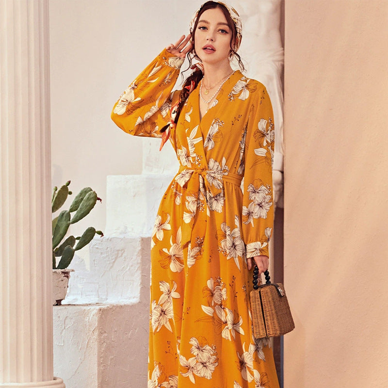 Women's V-Neck Floral Belted Long-Sleeve Maxi Dress