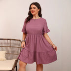 Plus Size Loose Casual Short-Sleeve Waist Flowy Dress