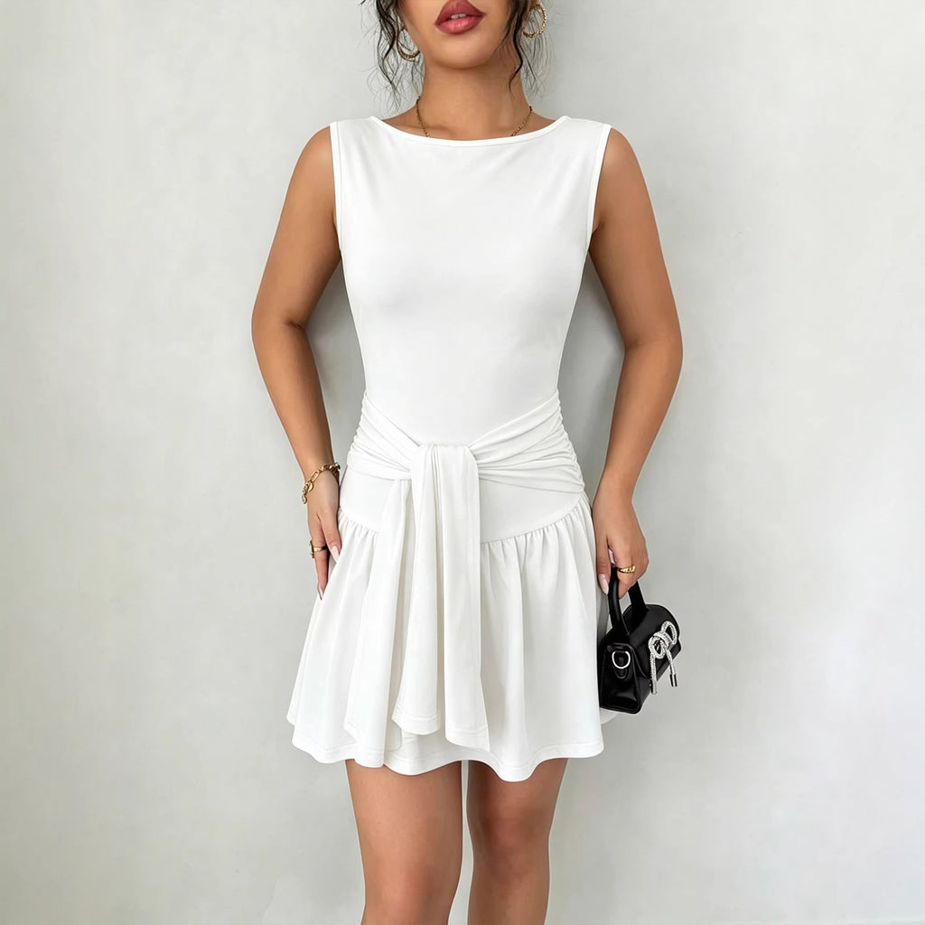 Women's Crew-Neck Ruched Pleated Dress