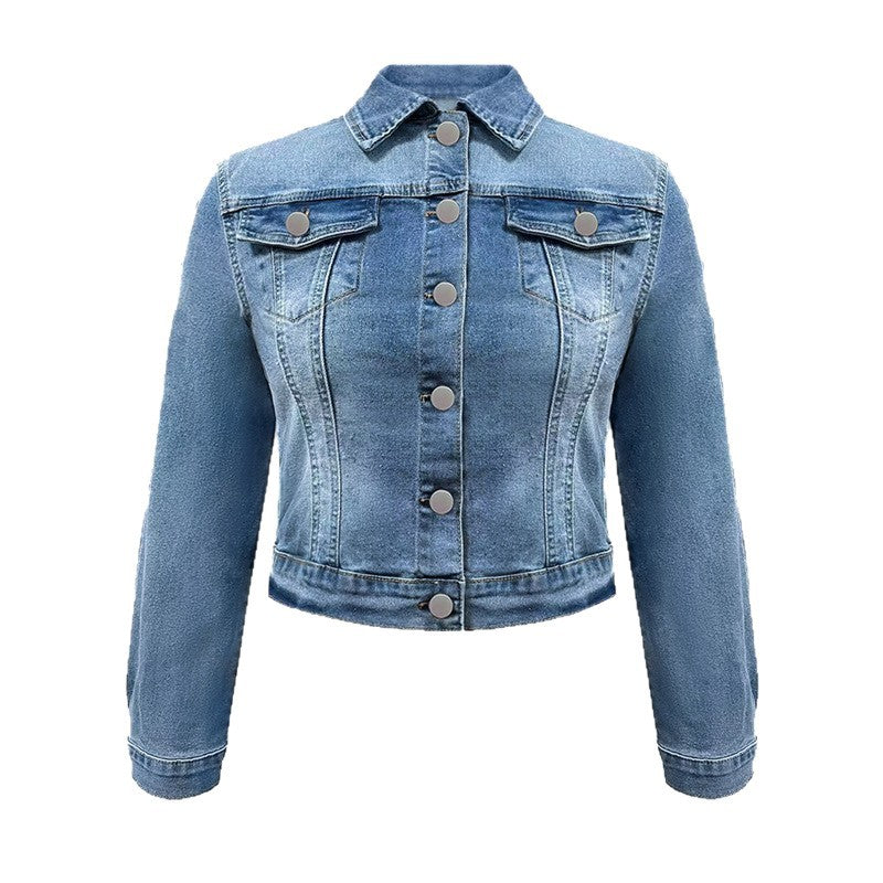 Light Blue Washed Denim Jacket Women Short Spring Autumn Denim Jacket Long Sleeve Top