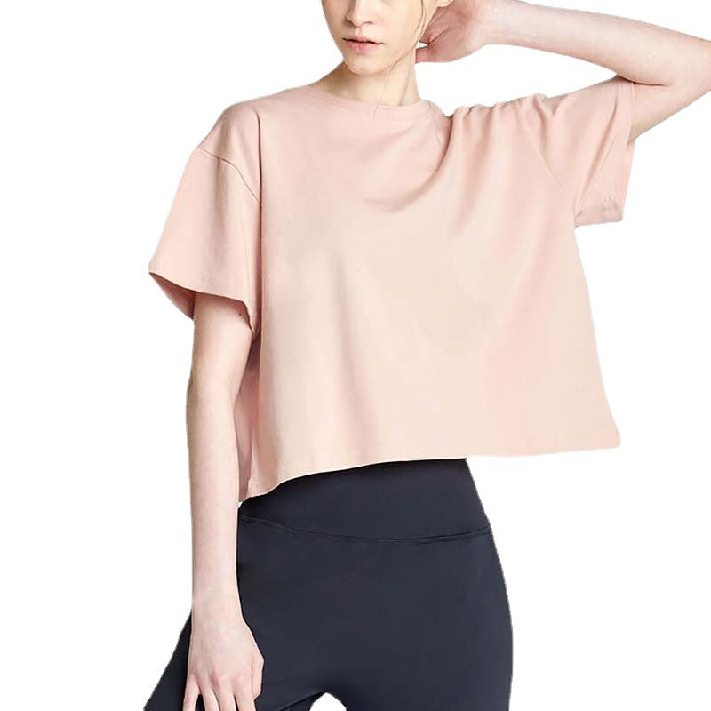 Women's Short Sleeved T-Shirt Pure Cotton Loose Short Backless Crew Neck