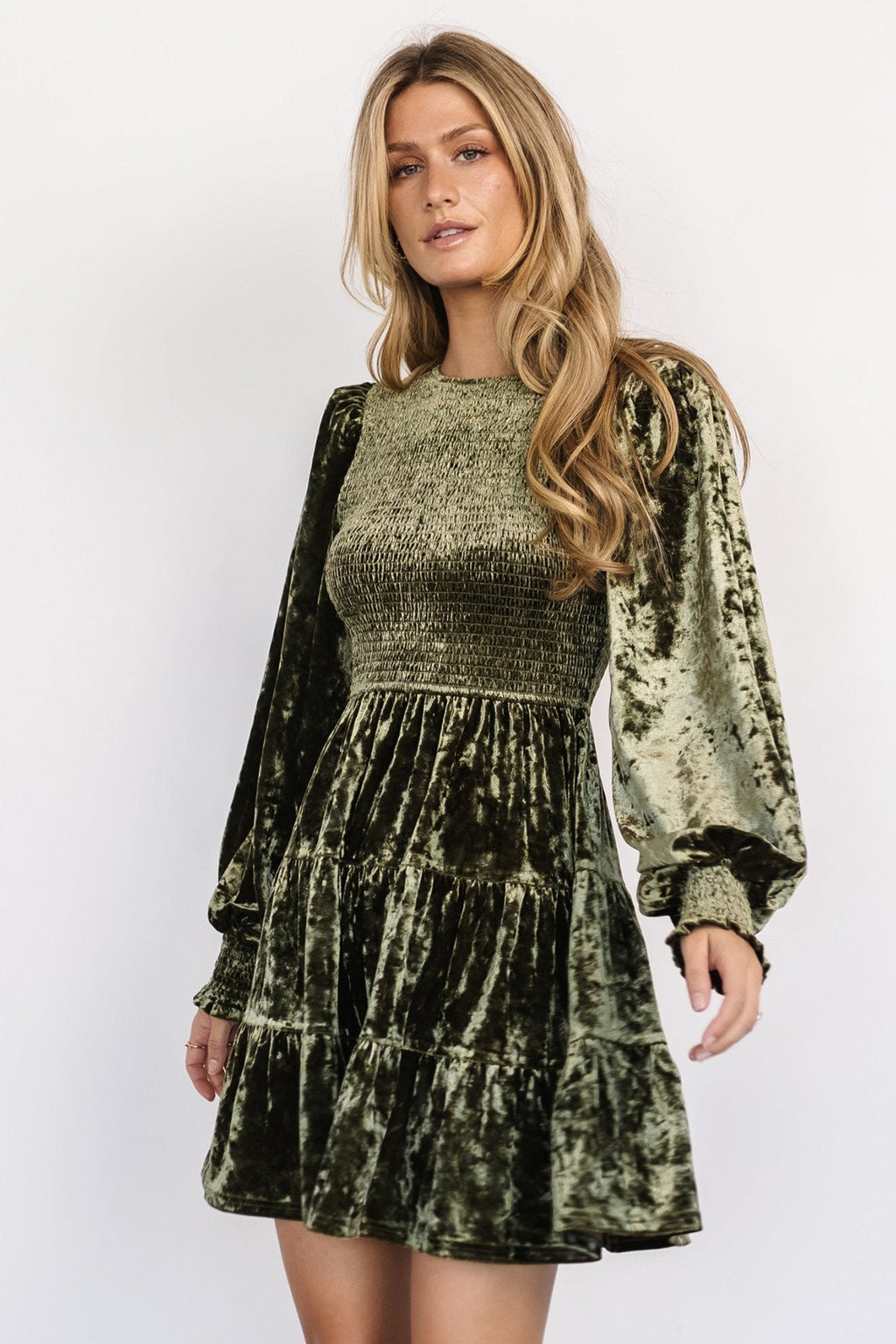 Velvet Long-Sleeve Ruffle-Neck Dress