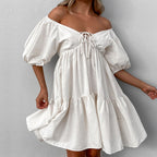 Khaki Linen V-Neck Lace-Up Dress