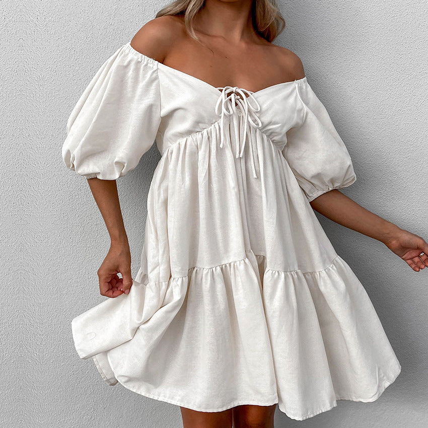 Khaki Linen V-Neck Lace-Up Dress