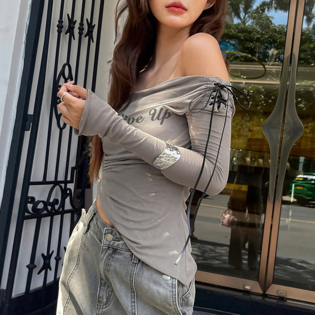 Printed Mesh Off-Shoulder Long Sleeve Top