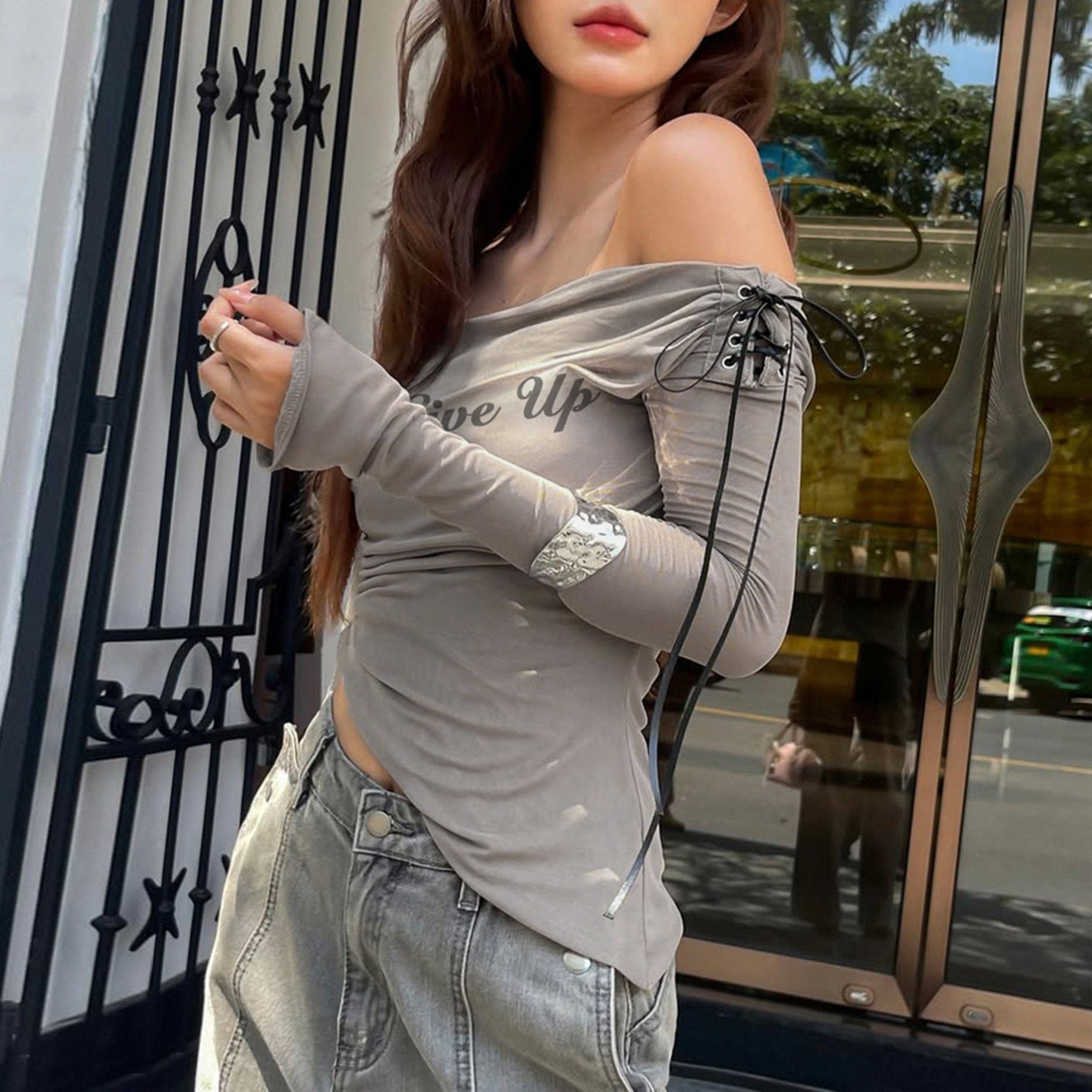Printed Mesh Off-Shoulder Long Sleeve Top
