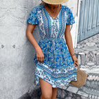 Women's V-Neck Floral Puff-Sleeve Dress