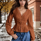 Women's French Lace Long Sleeved Shirt Autumn V Neck Pleated Lace Up Waist Single Row Multi Buckle Top