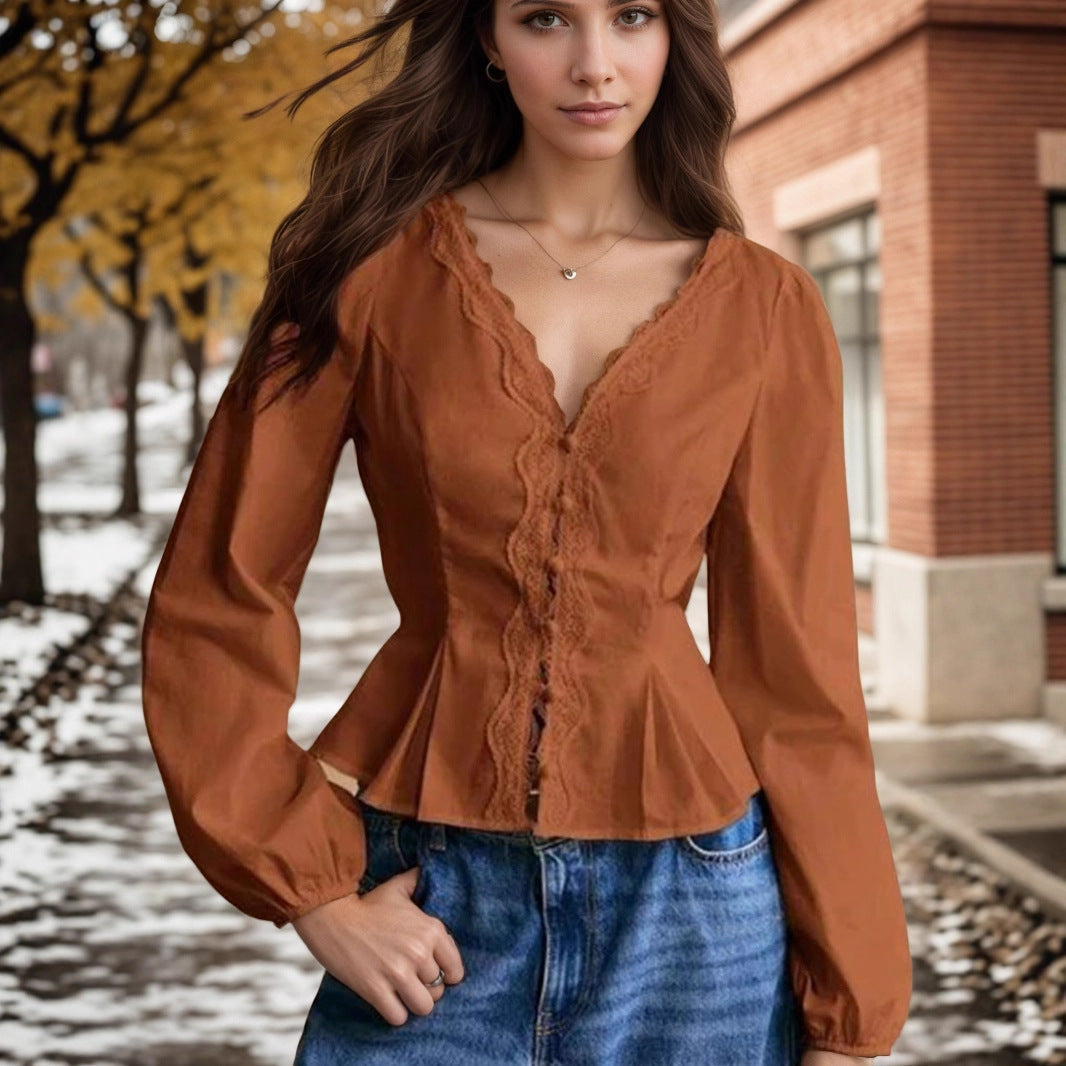 Women's French Lace Long Sleeved Shirt Autumn V Neck Pleated Lace Up Waist Single Row Multi Buckle Top