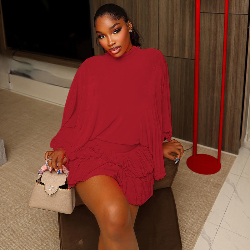 Solid Color Loose Pleated Spring Autumn round Neck Long Sleeve Dress
