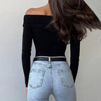 Women's Women Clothing Sexy Adult Lady Like Woman T Shirt Autumn Winter Boat Collar Off The Shoulder Elegant Short Top