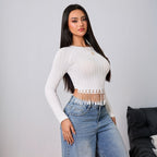 Women's Tassel Trim Slim Fit Long Sleeve Top