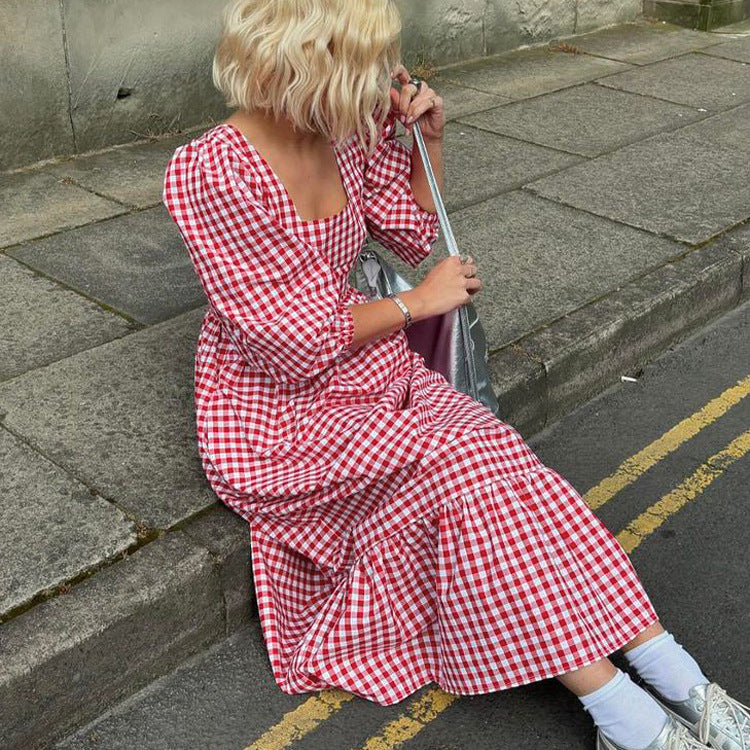 Red Plaid Square Collar Half Sleeve Lace