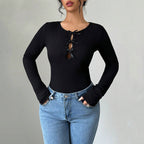Women’s Black Bow Cutout Crew Neck Top