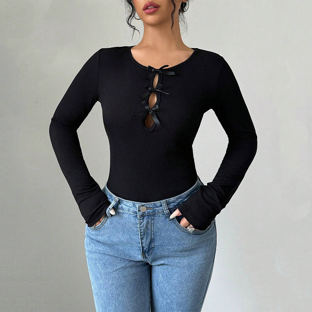 Women’s Black Bow Cutout Crew Neck Top