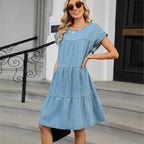 Solid Color Pullover round Neck Denim Dress Loose Casual