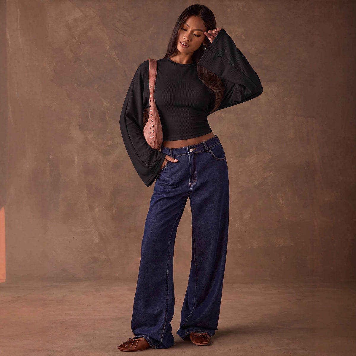 Women's Round-Neck Long-Sleeve Short Top Autumn Bell Sleeve Slim Fit Cropped Outfit Figure Flattering Bottoming T Shirt Set