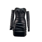 Tube Top Dress Off-Shoulder Pleated Leather Boning Corset Waist