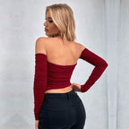 Women's Women's Wine Red T Shirt Off Shoulder Fur Collar Backless