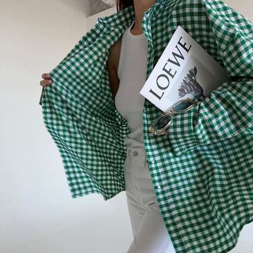 Casual All Match Plaid Shirt Women Arrival Collared Long Sleeve Single Breasted Pocket Top