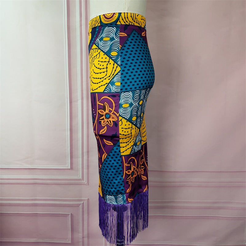 Women's High Waist Print Stitching Tassel Hip Skirt