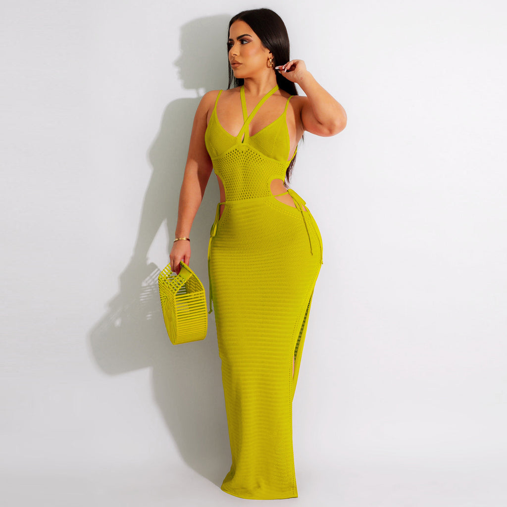Backless halter dress with halter straps, fitted column silhouette, long length