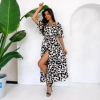 Summer Leopard Print Printed V-Neck Long-Sleeve Belt Dress