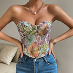 Women's Retro Floral Niche Sling French Court Waist Girdling Band Adjustable Tube Top