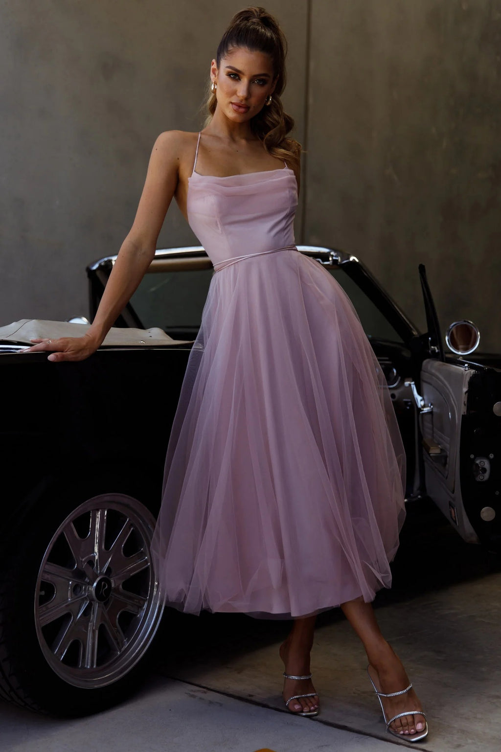 Lace-Up Backless Cami A-Line Midi Dress