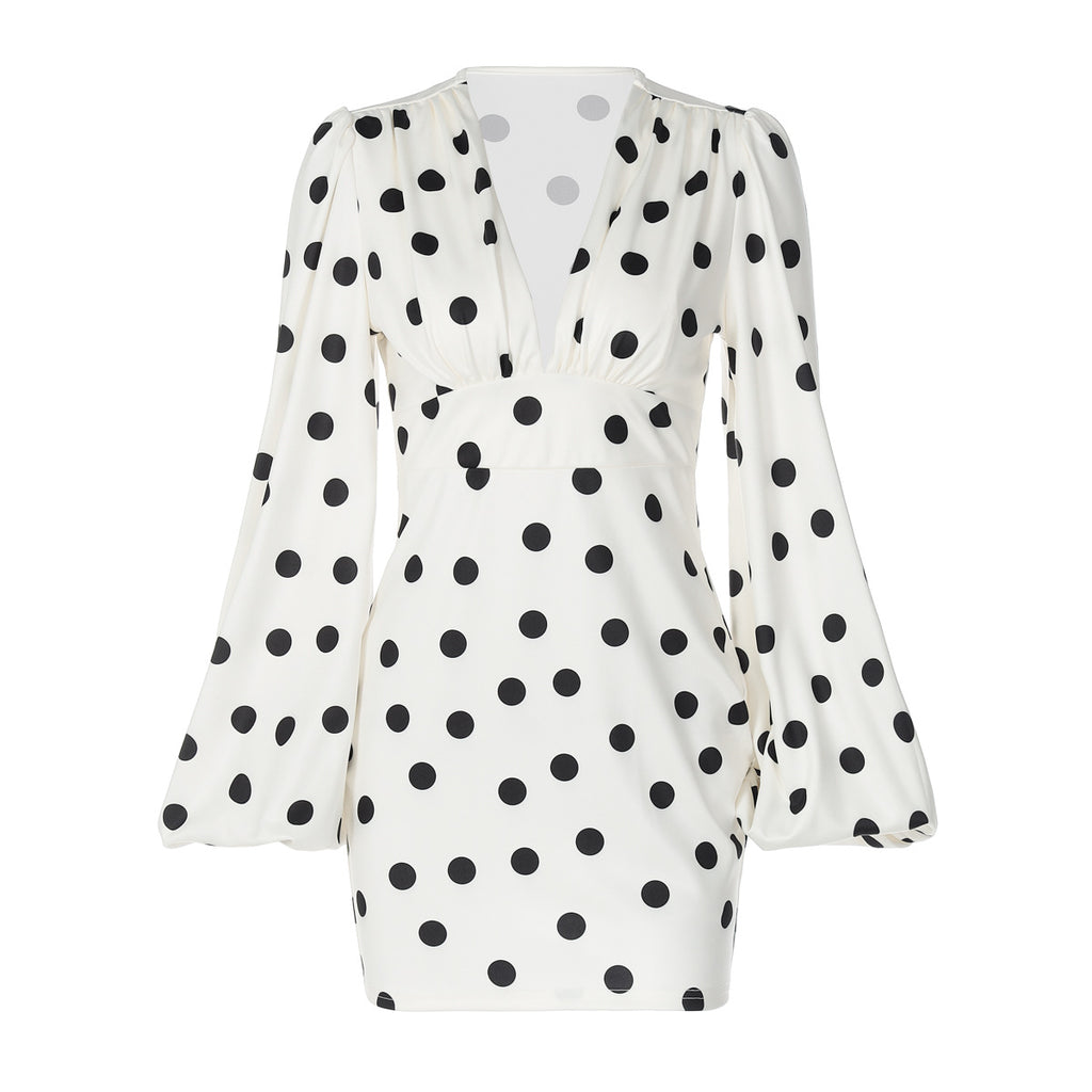 Women's Polka Dot Deep V Long Sleeve Bodycon Mini Dress