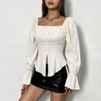 Women's Texture Square Collar Long Sleeve T Shirt Bell Sleeve Irregular Asymmetric Slit Hemline Hem Top